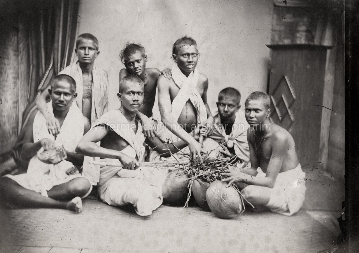 Burmese Labourers Bassein Pathein Men Coconuts Group Vtg. Photo 19thC.