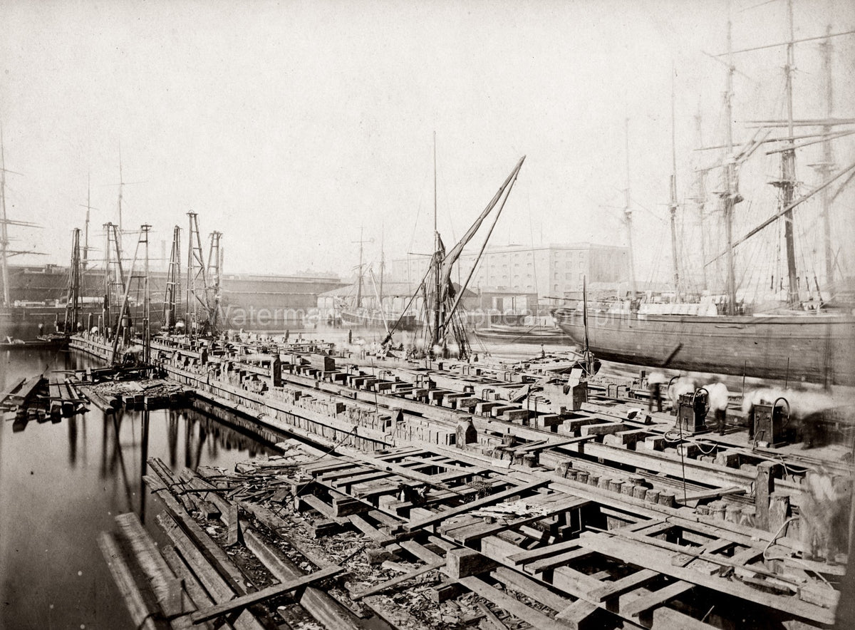 London Dockyard Scene Cranes Ships Harbor Industrial Maritime Vtg. Photo 19thC.