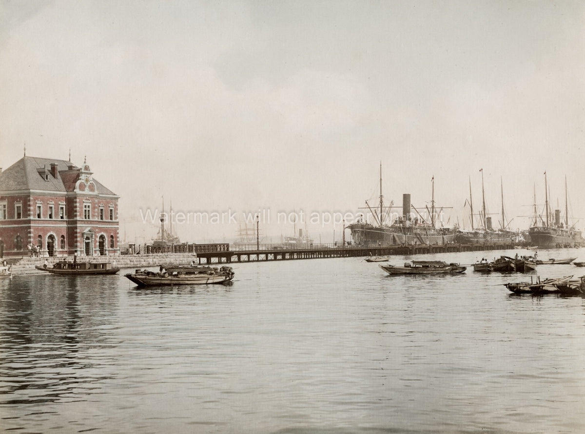 Yokohama Japan Customs House Pier Shipping Steamships Docks Vtg. Photo 19thC.
