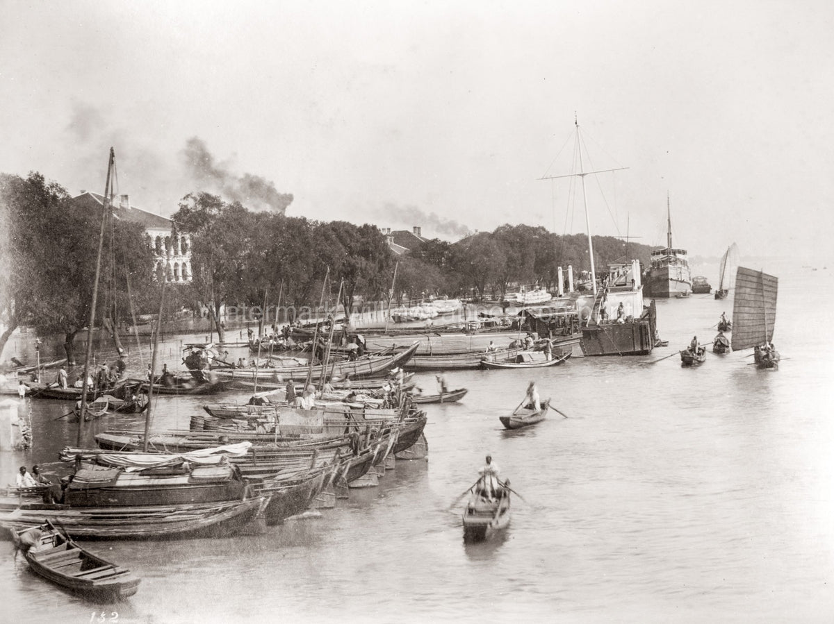 Hankow Hankou Wuhan Bund China River Harbor Boats Junks Vtg. Photo 19thC.