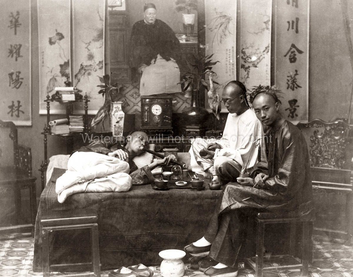 Chinese Men Smoking Opium Traditional Clothing Queue Hairstyle Vtg. Photo 19thC.