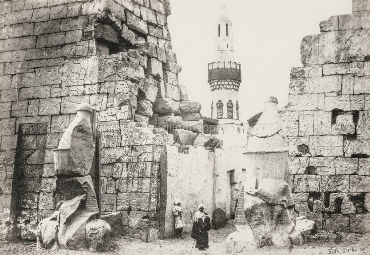 Luxor Egypt Great Temple Entrance Ruins Statues Hieroglyphics Vtg. Photo 19thC.