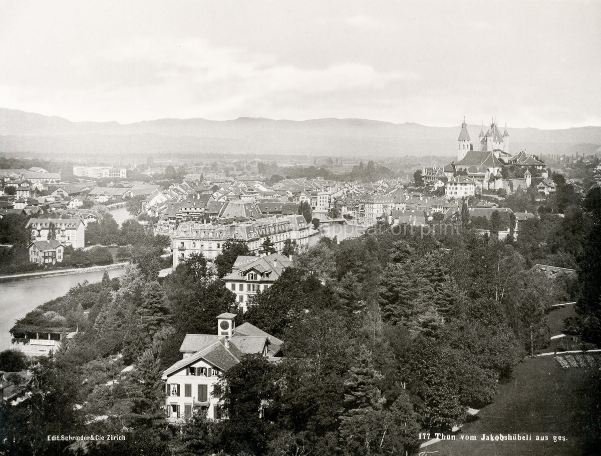Thun Switzerland Townscape City View Castle River Aare Vtg. Photo 19thC.