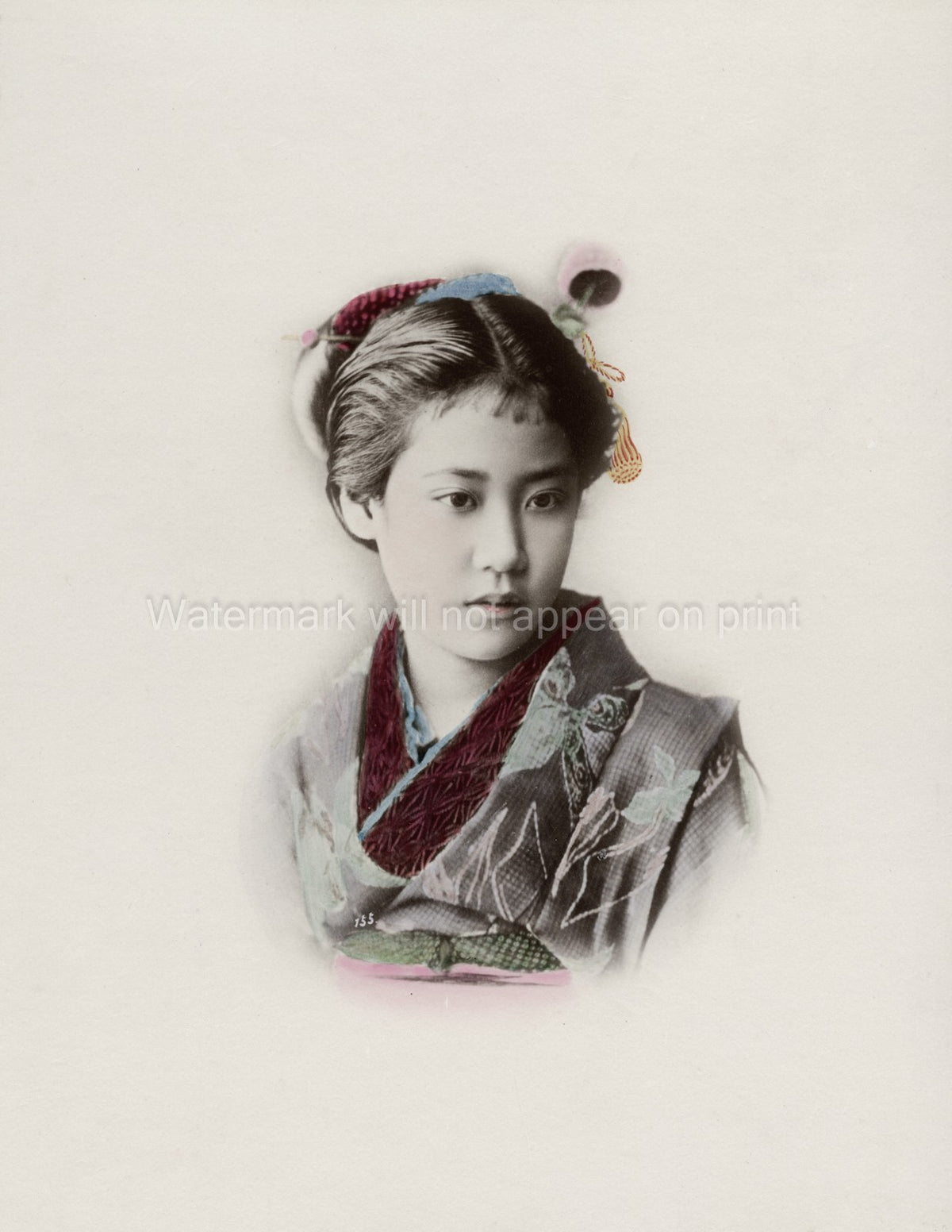 Japanese Woman Kimono Traditional Dress Kanzashi Hairstyle Vtg. Photo 19thC.