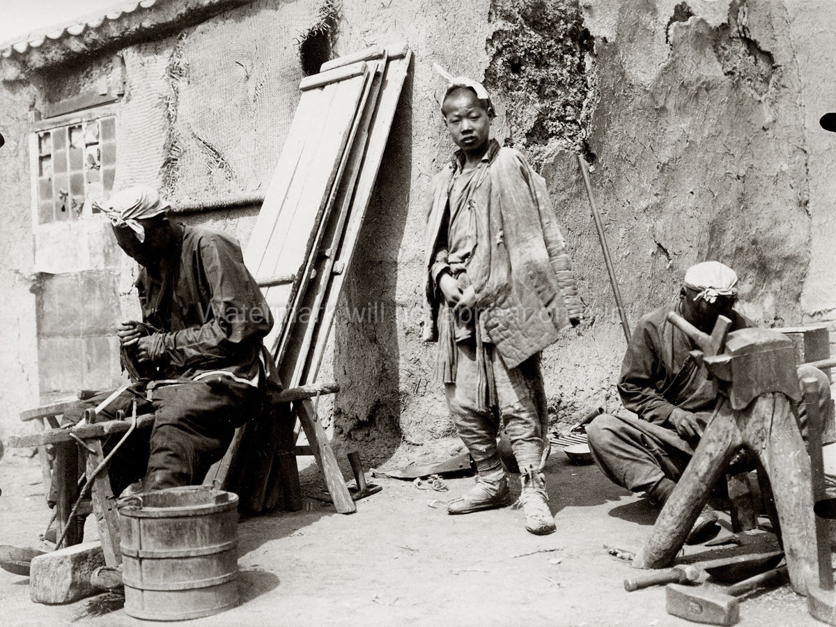 Chinese Carpenters Wood Workers Tools Labor Outdoor Workshop Vtg. Photo 19thC.
