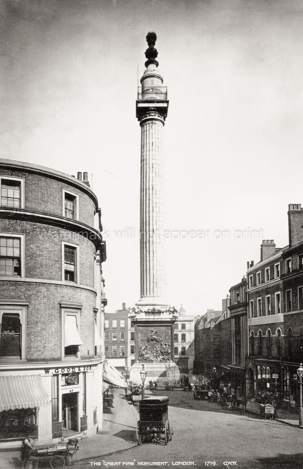Great Fire Monument London Street Scene Architecture Carriages Vtg. Photo 19thC.