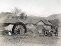 Japan Rural Farm Scene Water Wheel Carrying Chair Thatched Vtg. Photo 19thC.