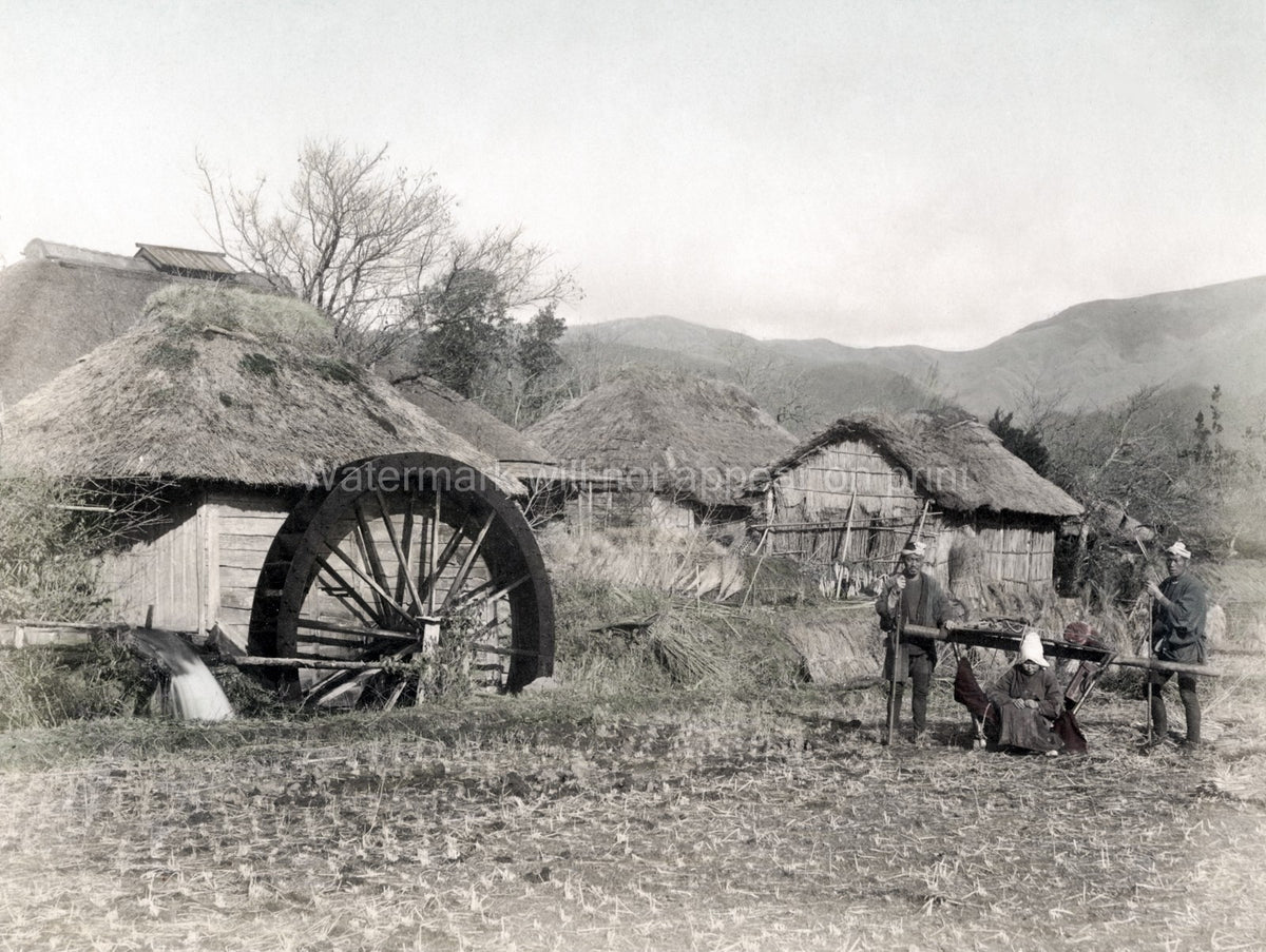 Japan Rural Farm Scene Water Wheel Carrying Chair Thatched Vtg. Photo 19thC.