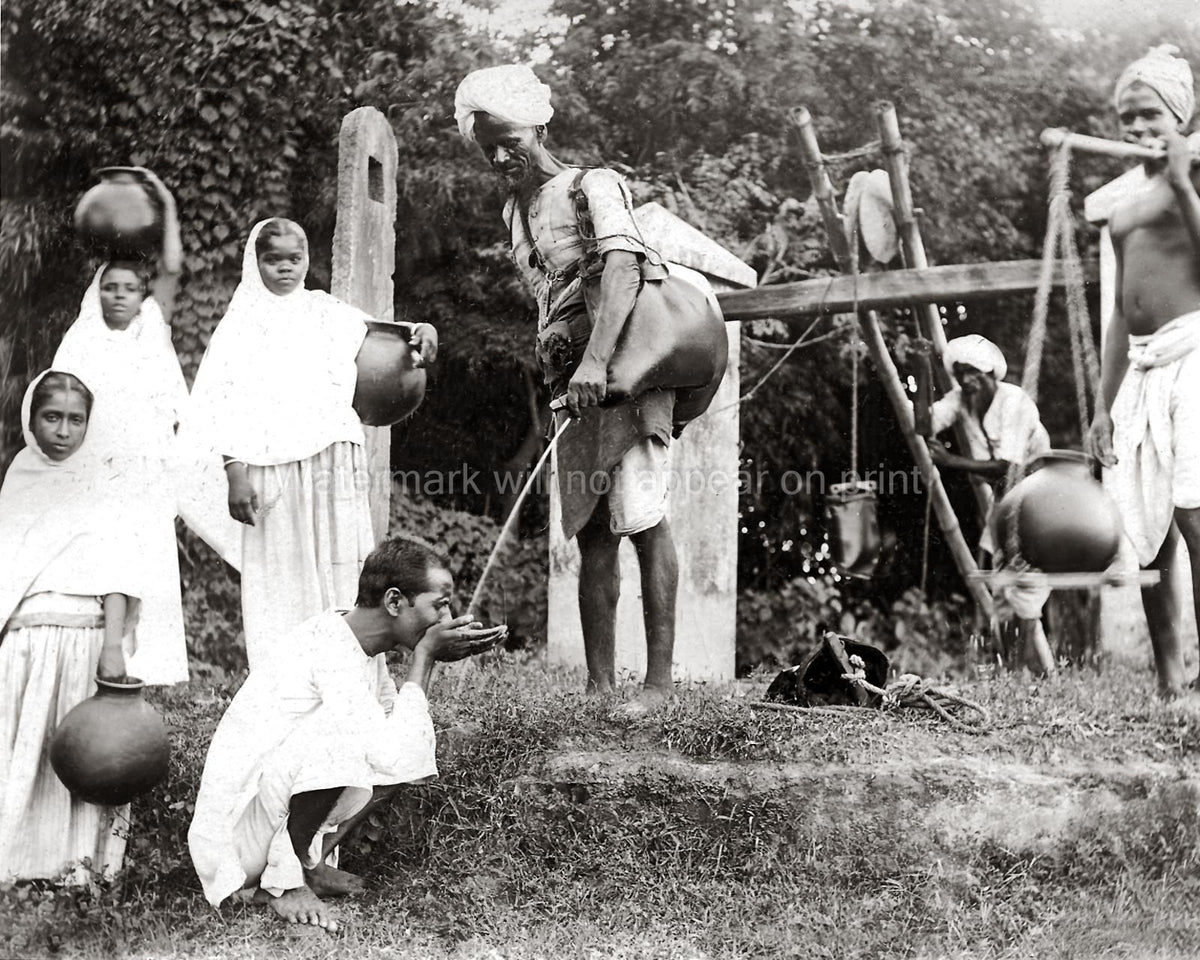 India Water Carrier Bhisti Well Women With Pots Village Life Vtg. Photo 19thC.
