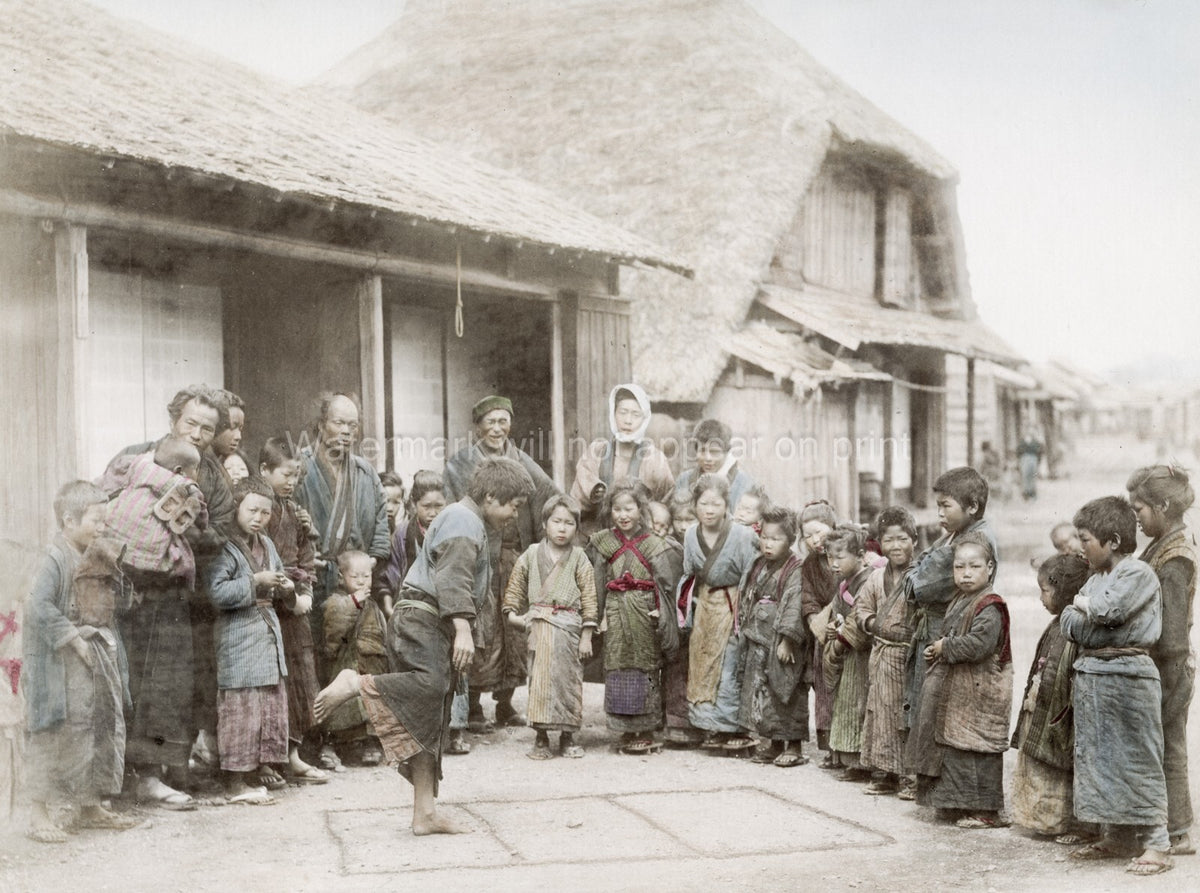 Japan Children Playing Hopscotch Street Game Village Life Vtg. Photo 19thC.