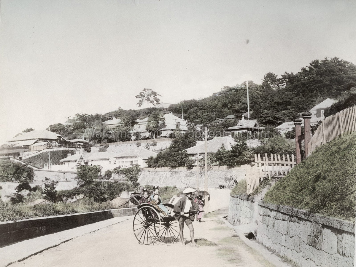 Nagasaki Bluff Rickshaw Puller Street Scene Hillside Houses Vtg. Photo 19thC.