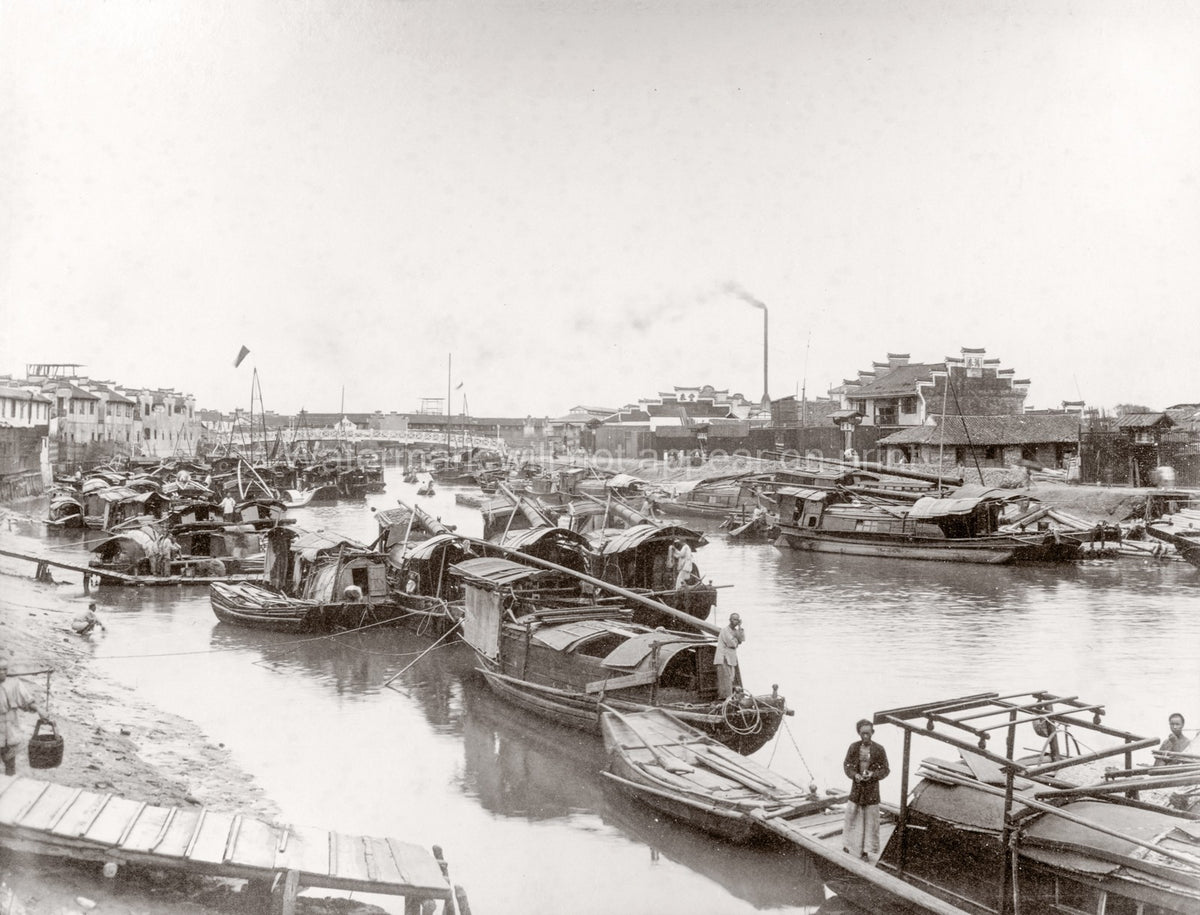 Shanghai China Boats Canal Sampans Harbor Cityscape Vtg. Photo 19thC.
