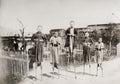 Japanese Boys Stilts Bamboo Horse Children Playing Rural Vtg. Photo 19thC.