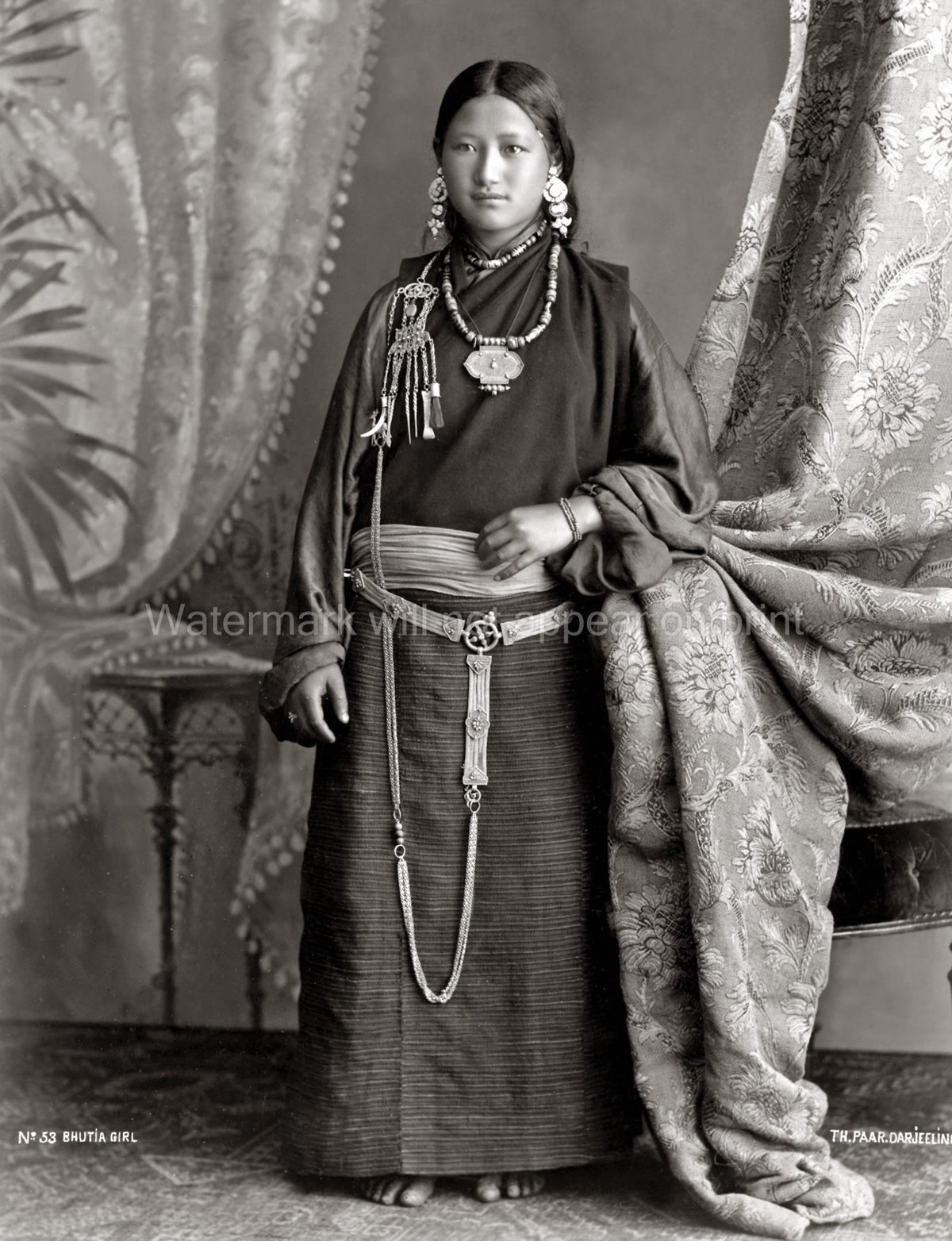 Bhutanese Girl Portrait Traditional Bhutia Dress Jewelry Vtg. Photo 19thC.