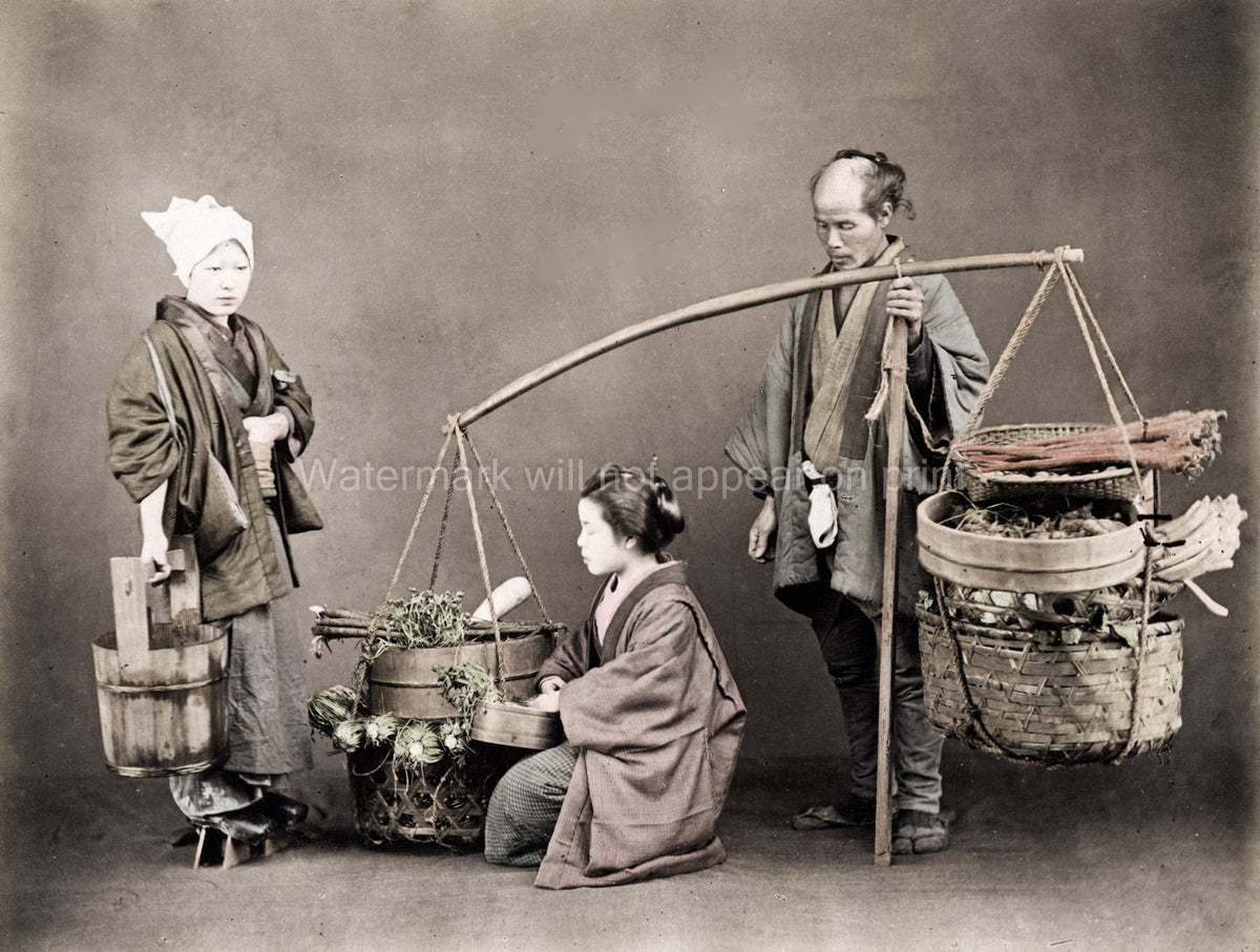 Japan Vegetable Seller Market Vendors Kimono Baskets Produce Vtg. Photo 19thC.