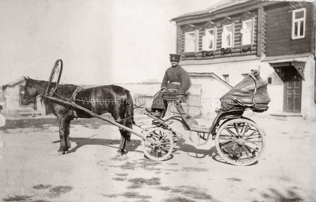 Russian Coachman Hackney Pony Trap Carriage Wooden House Vtg. Photo 19thC.