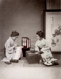 Young Japanese Women Writing Scroll Tea Stove Ceremony Kimono Vtg. Photo 19thC.