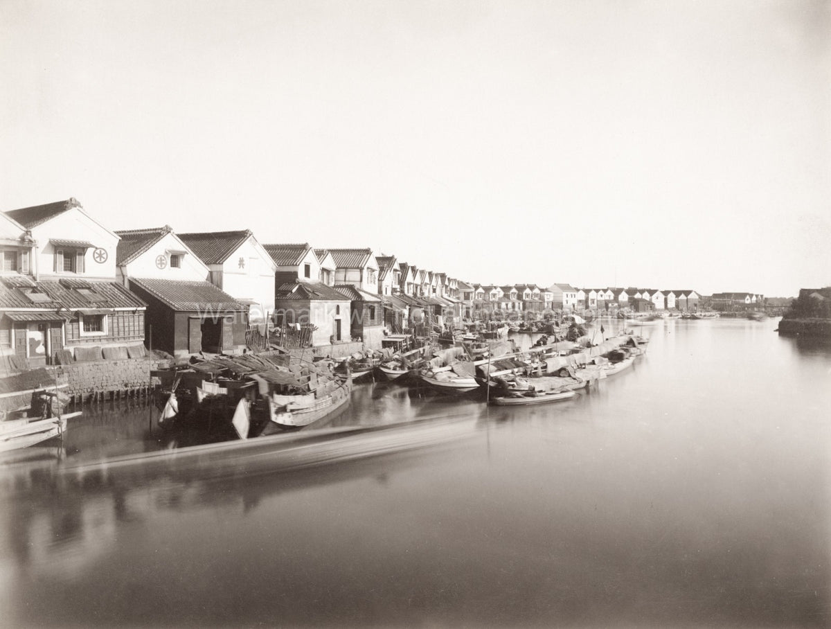 Japan Waterfront Wharves Godowns Warehouses Boats Canal Vtg. Photo 19thC.
