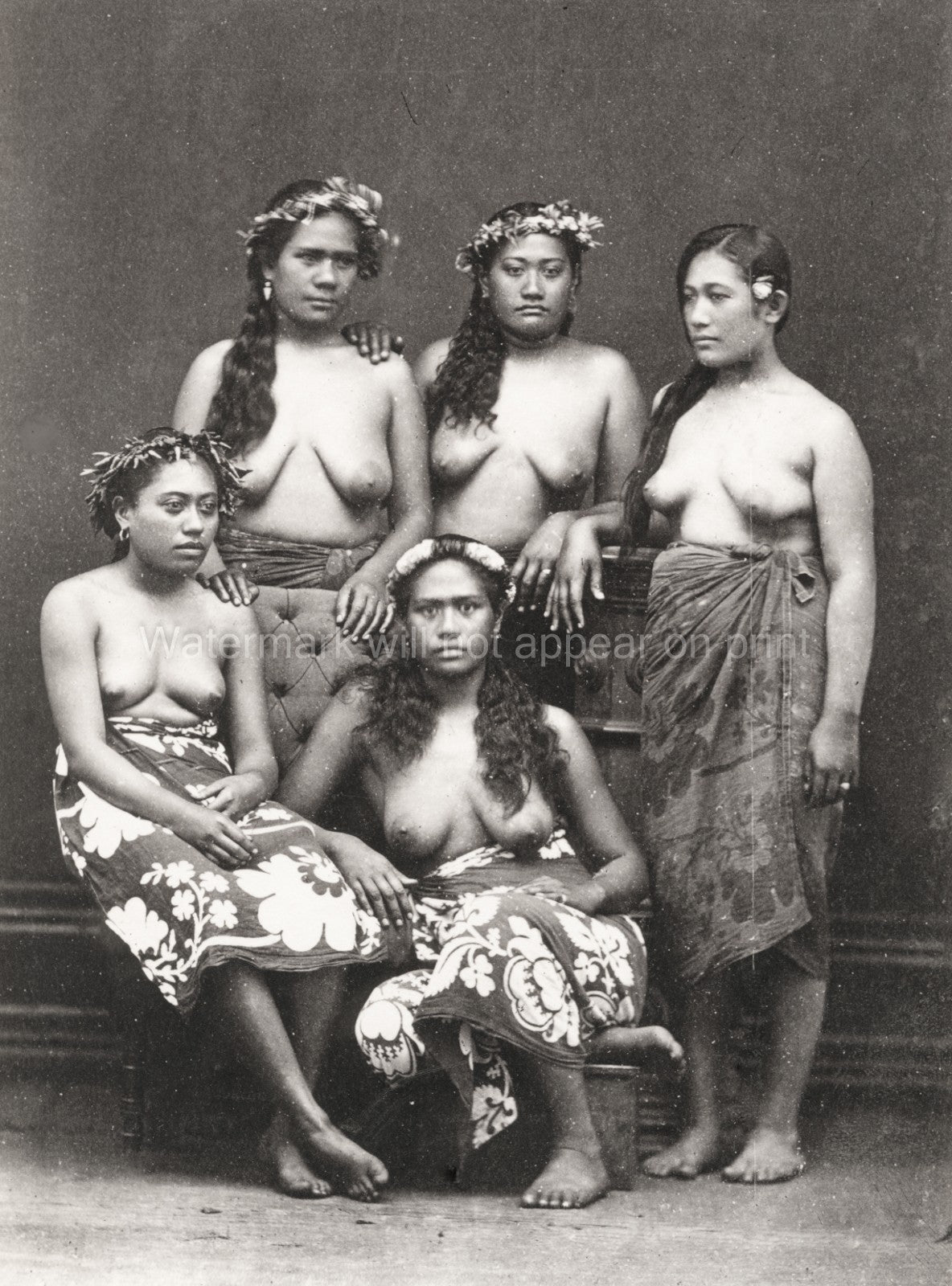 Samoan Women Studio Portrait Group Traditional Dress Leis Vtg. Photo 19thC.