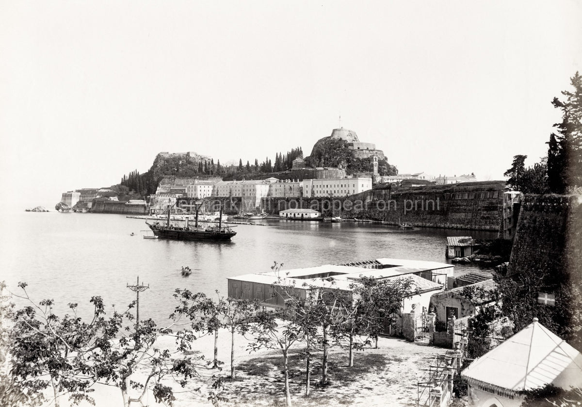 Corfu Greece Old Fortress Harbour Coastal Cityscape Ship Vtg. Photo 19thC.