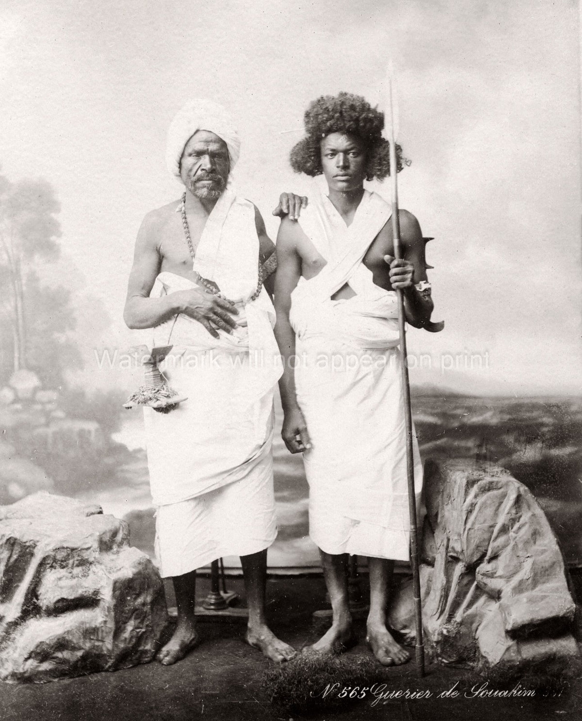 Sudan Suakin Bishareen Warrior Men Spear Turban Portrait Vtg. Photo 19thC.