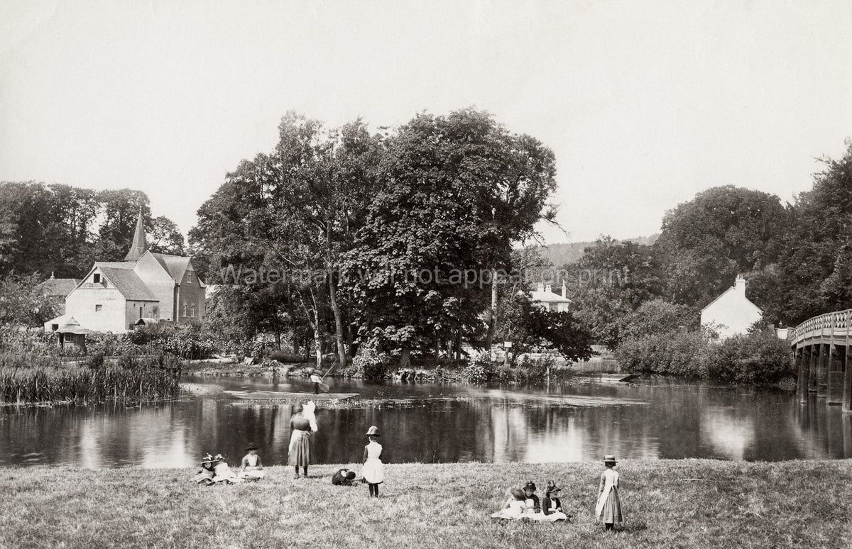 Whitchurch Shropshire River Scene People Boating Picnic Church Vtg. Photo 19thC.