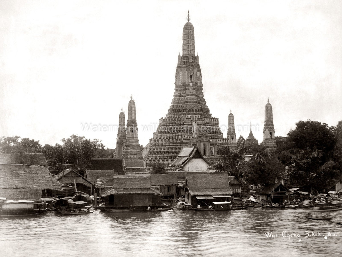 Wat Arun Chaeng Temple Bangkok Chao Phraya River Boats Vtg. Photo 19thC.