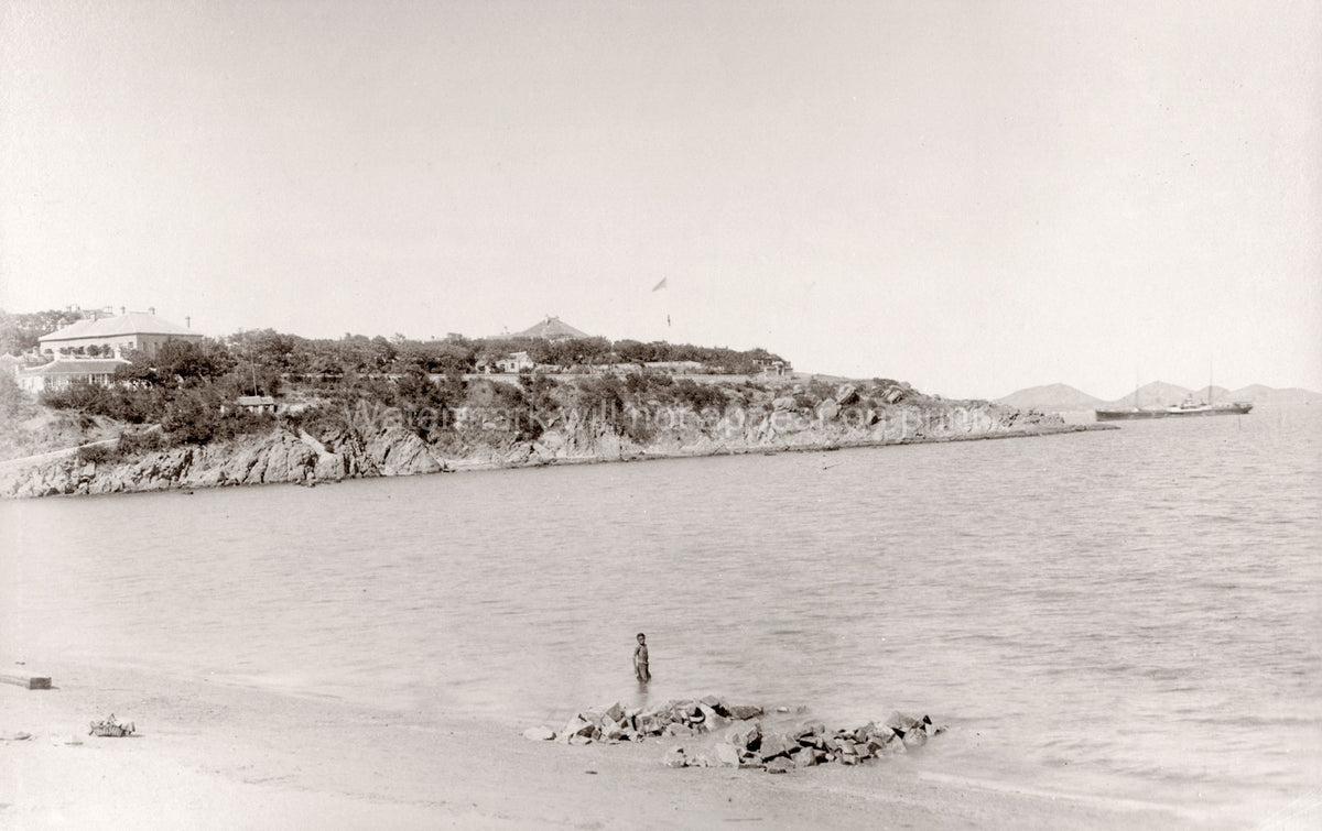 Chefoo Yantai China Coastline Bay Steamship Buildings Wading Vtg. Photo 19thC.