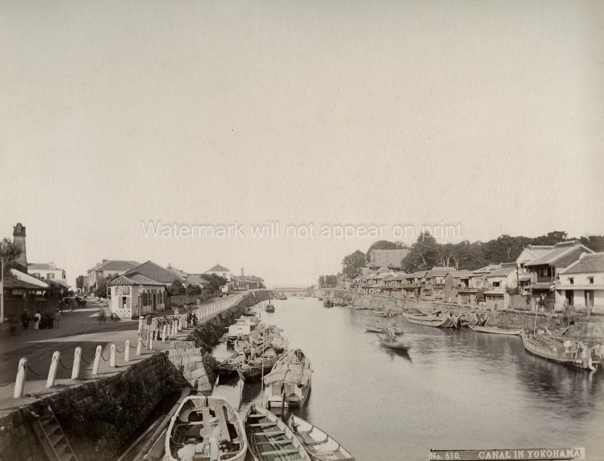 Yokohama Japan Canal Boats Sampans Cityscape Waterfront Scene Vtg. Photo 19thC.