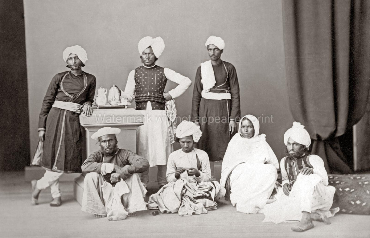 India Household Servants Group Portrait Men Women Turbans Vtg. Photo 19thC.