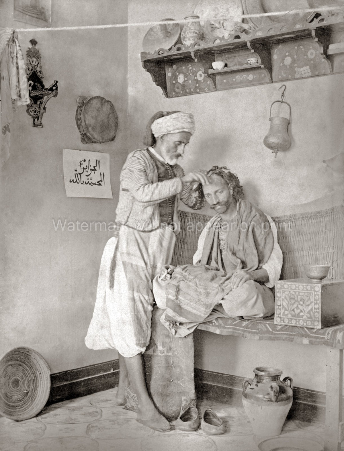 North Africa Barber Work Giving Haircut Turban Arabic Vtg. Photo 19thC.