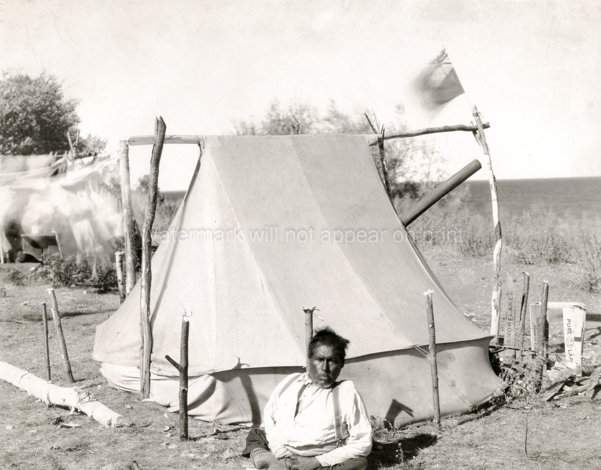 Native North American Man Tent Campsite Canada Vtg. Photo 20thC.