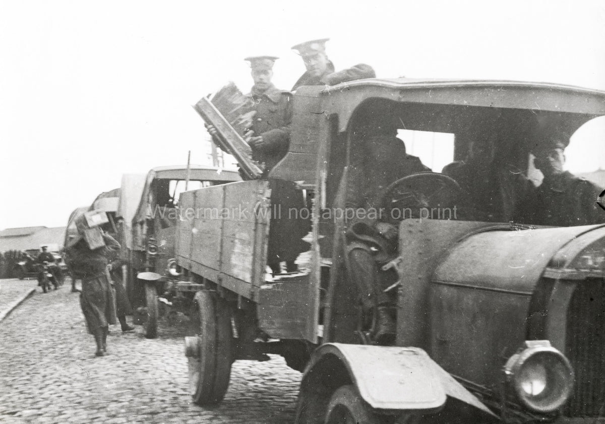 WW1 British Army Truck Convoy Soldiers Loading Supplies Vtg. Photo