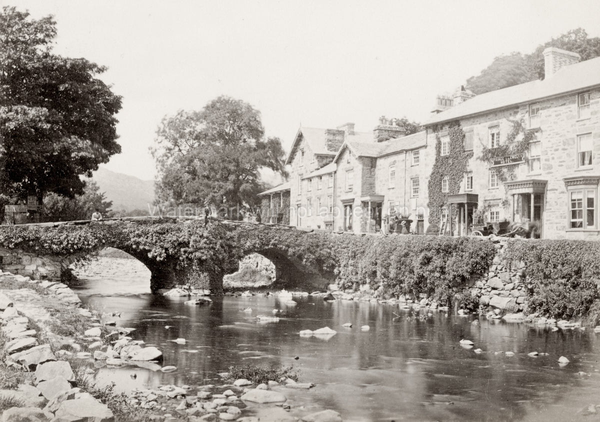 Beddgelert Wales Royal Goat Hotel Stone Bridge River Village Vtg. Photo 19thC.