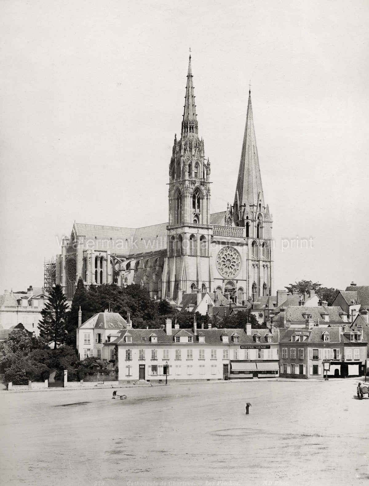 France Chartres Cathedral Spires Gothic Towers Town Square Vtg. Photo 19thC.