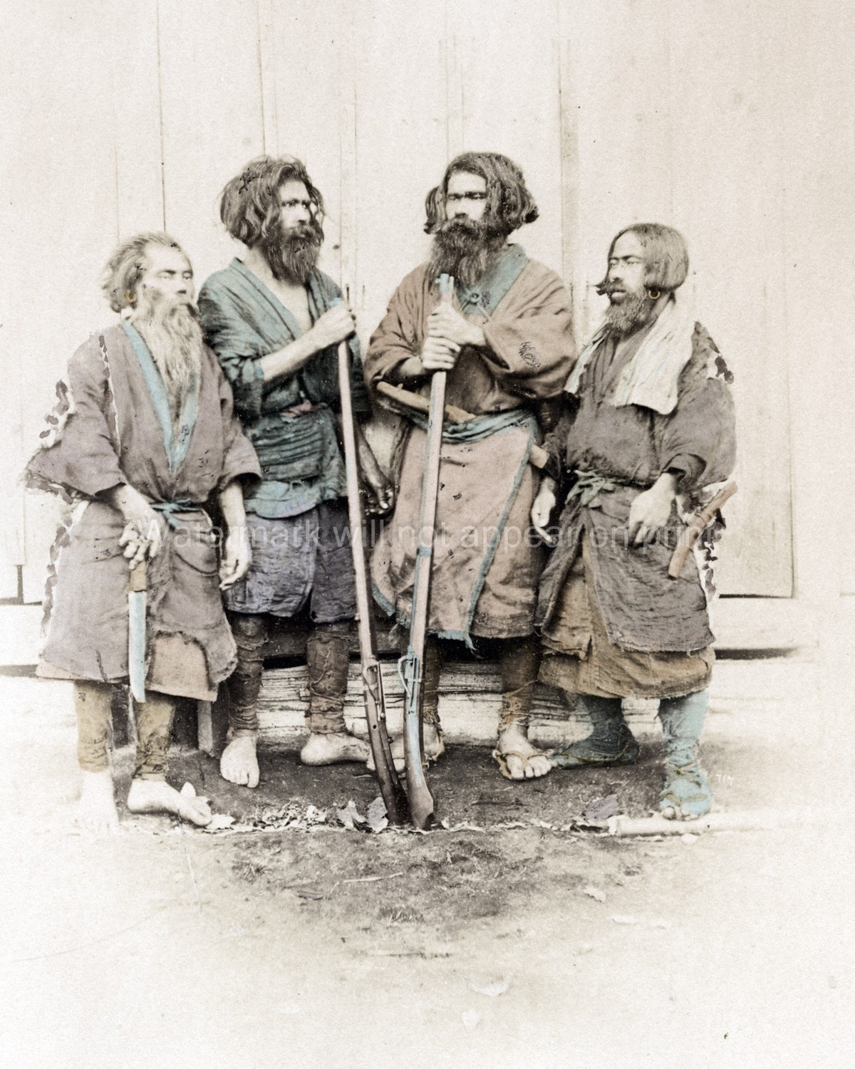 Ainu Aino Men Hokkaido Japan Hunters Rifles Traditional Vtg. Photo 19thC.