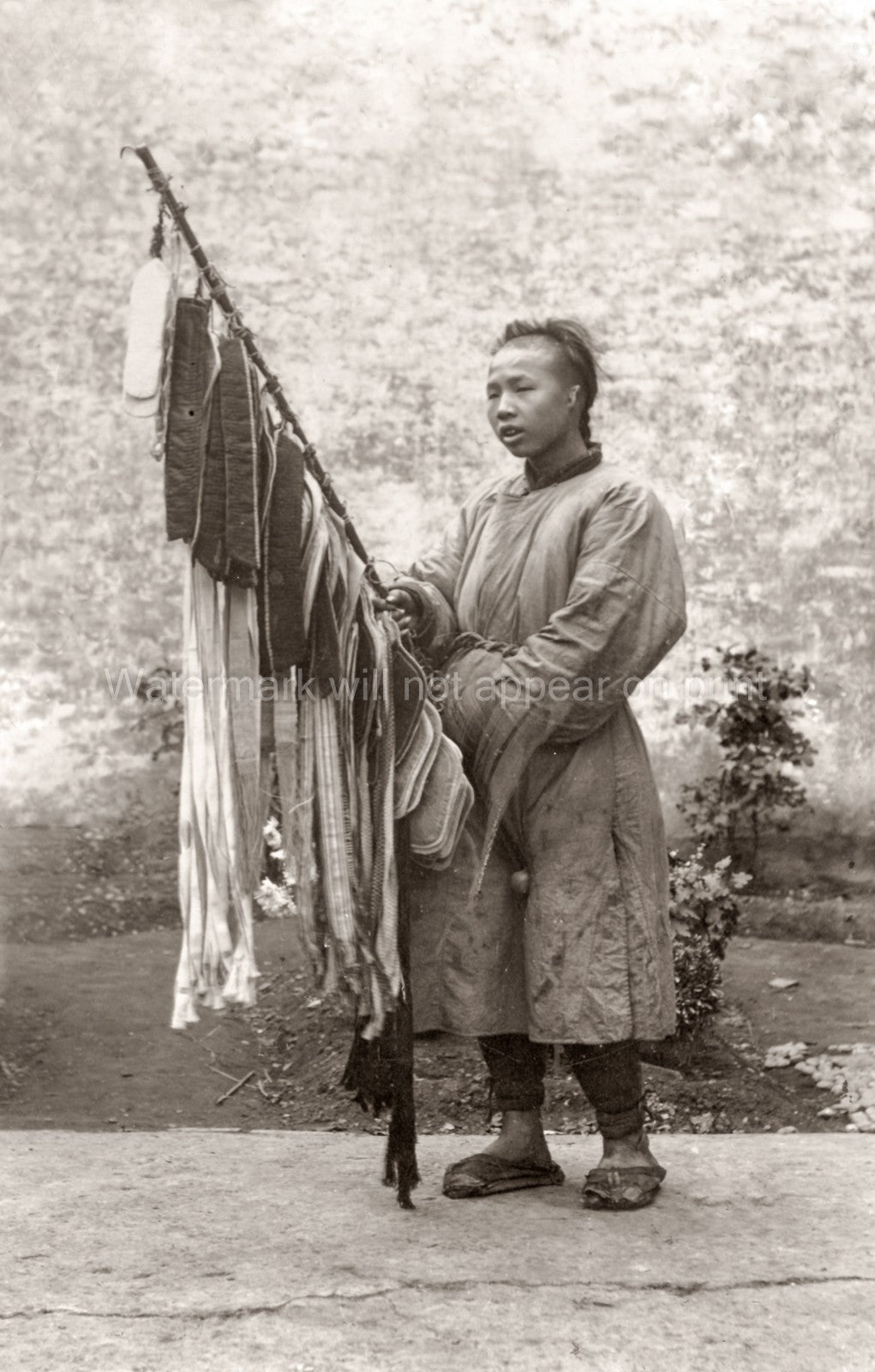 China Chinese Street Vendor Selling Wares Man Queue Hairstyle Vtg. Photo 19thC.
