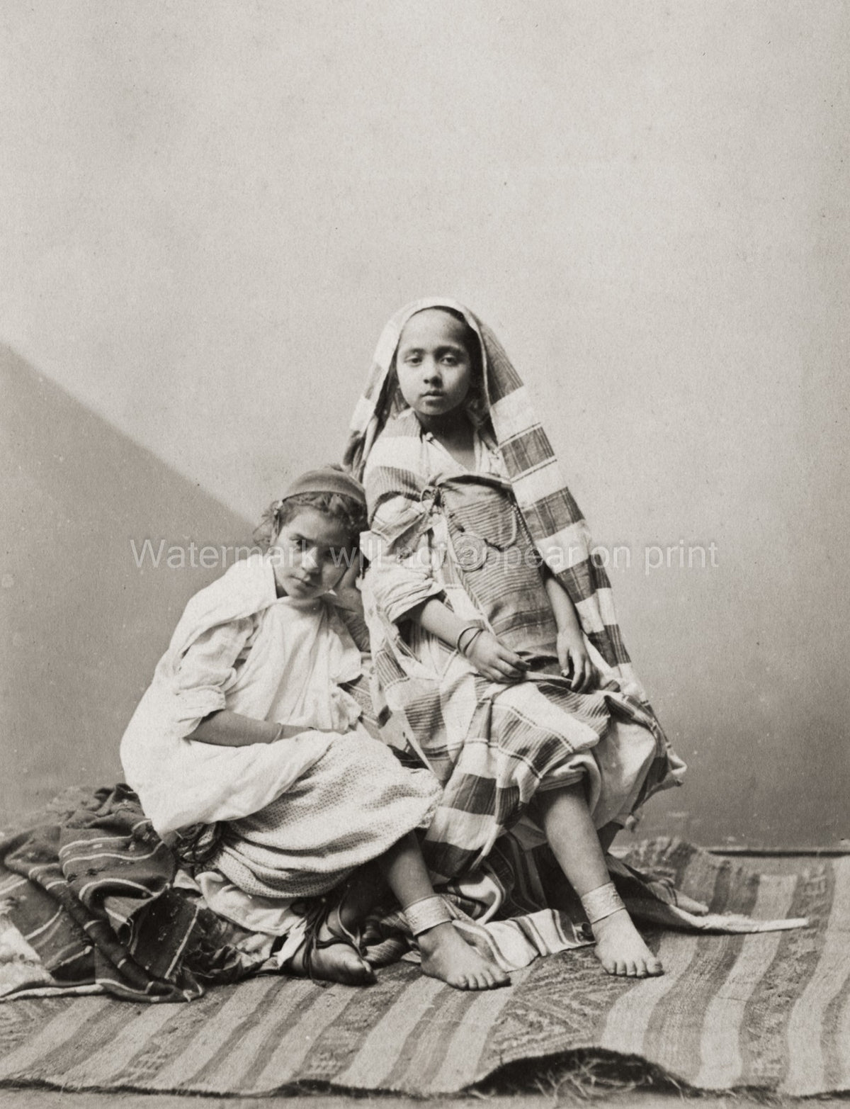 Algerian Girls North African Children Traditional Clothing Vtg. Photo 19thC.