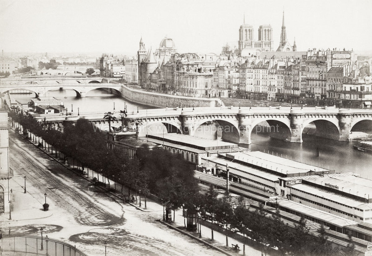 Paris Notre Dame River Seine Bridges Cityscape Architecture Vtg. Photo 19thC.