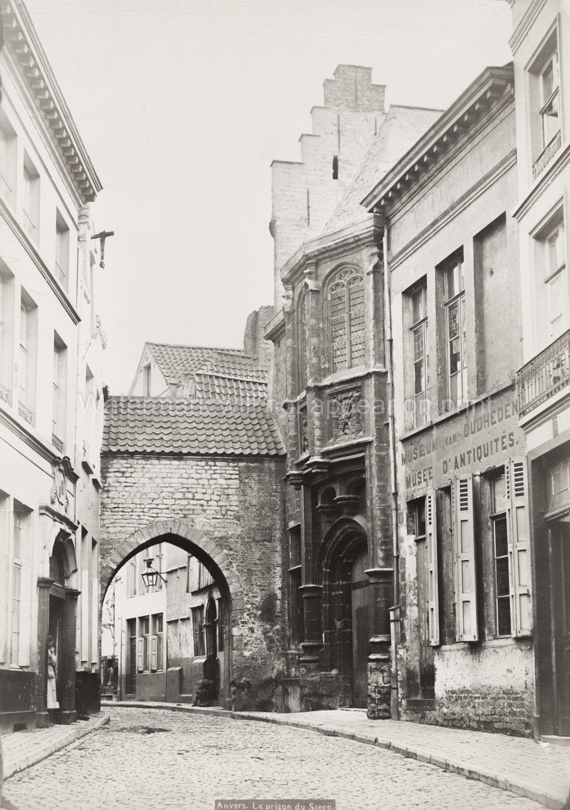 Het Steen Prison Antwerp Belgium Cobblestone Street Archway Vtg. Photo 19thC.