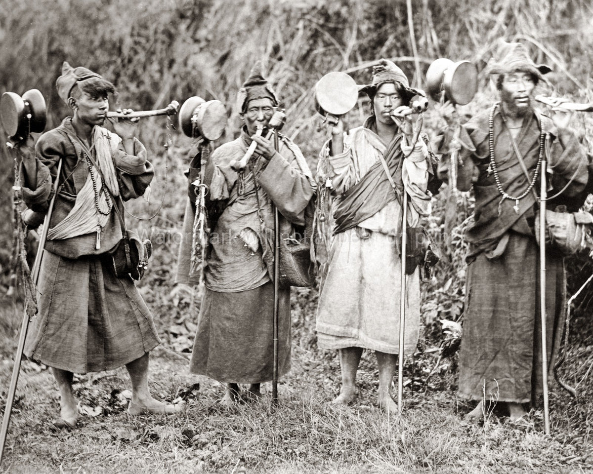 Group Bhutanese Lamas Traveling Musicians Monks Vtg. Photo 19thC.