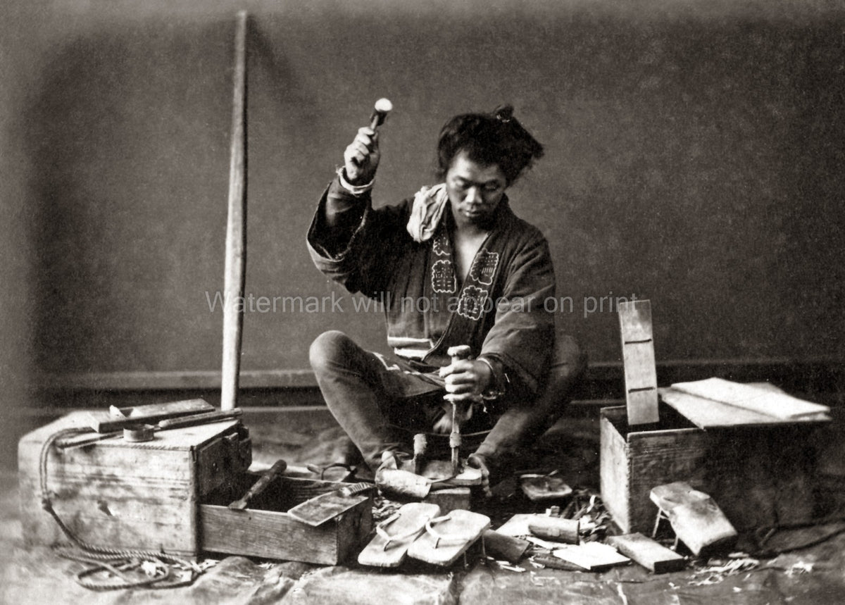 Japan Shoe Maker Craftsman Artisan Making Sandals Workshop Vtg. Photo 19thC.