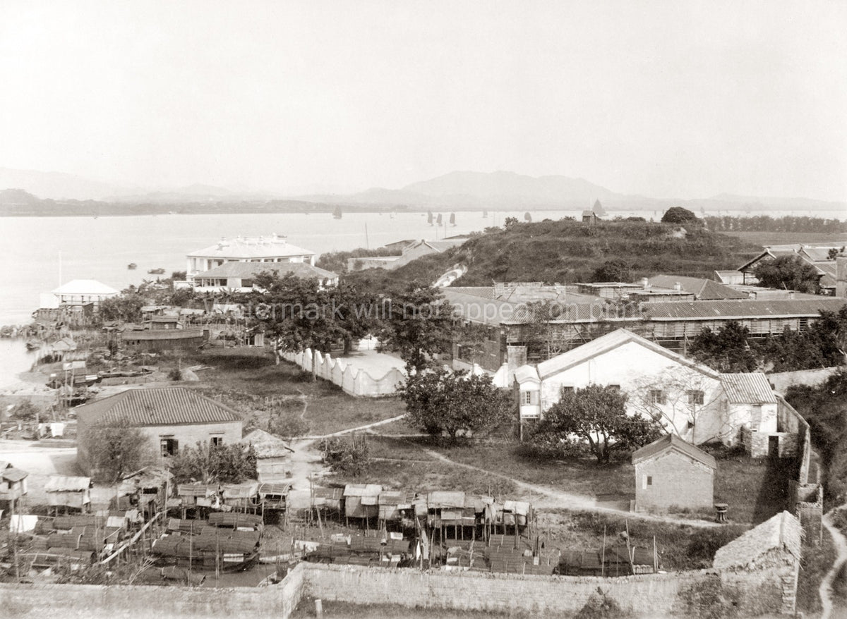 Whampoa Canton Guangzhou China Harbor Waterfront Junks Boats Vtg. Photo 19thC.