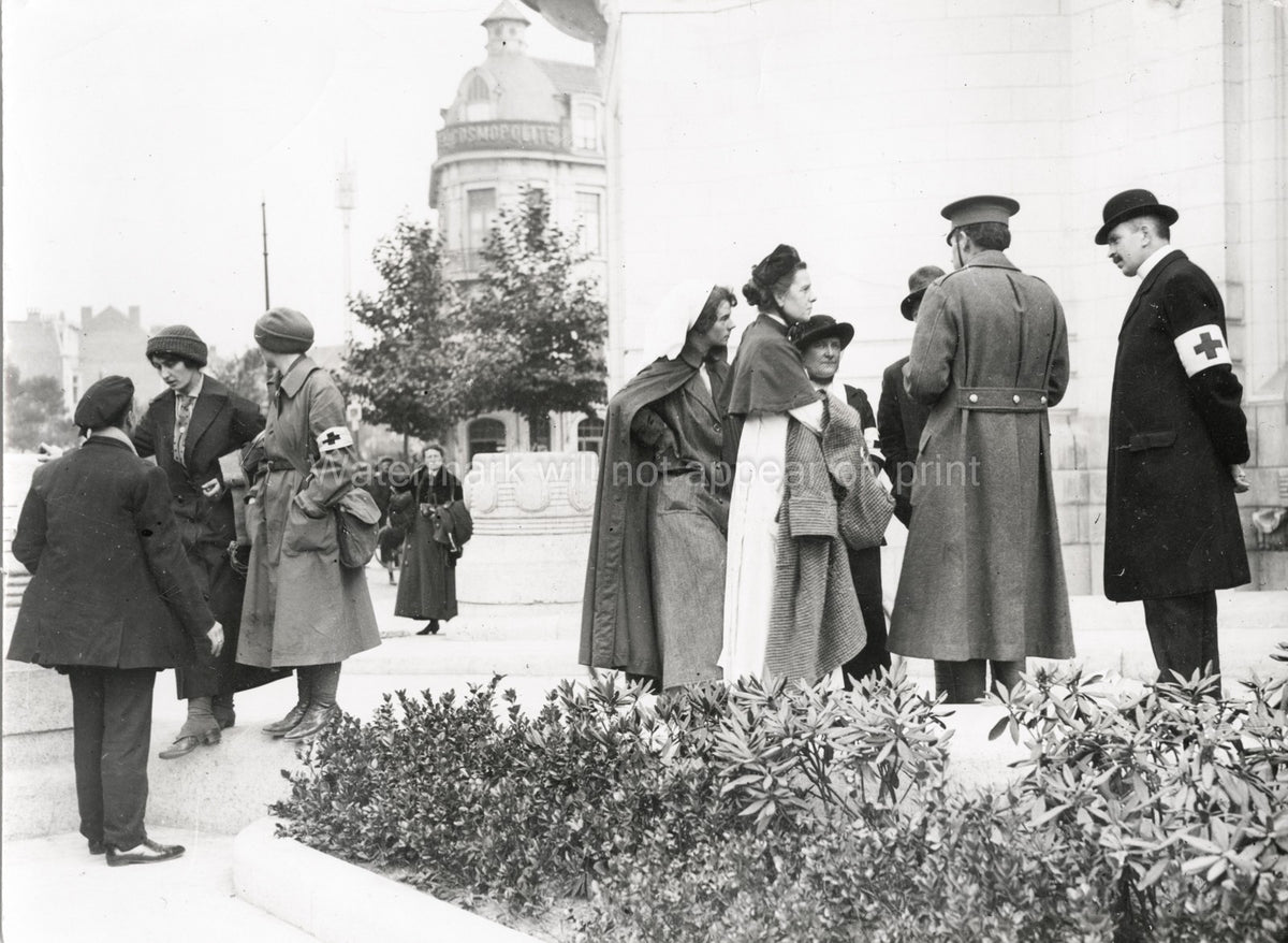 WW1 Red Cross Members Nurses Soldiers Street Scene Europe Vtg. Photo