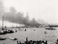Canton Guangzhou Harbour Fire Warehouse Smoke Boats Junks Vtg. Photo 19thC.
