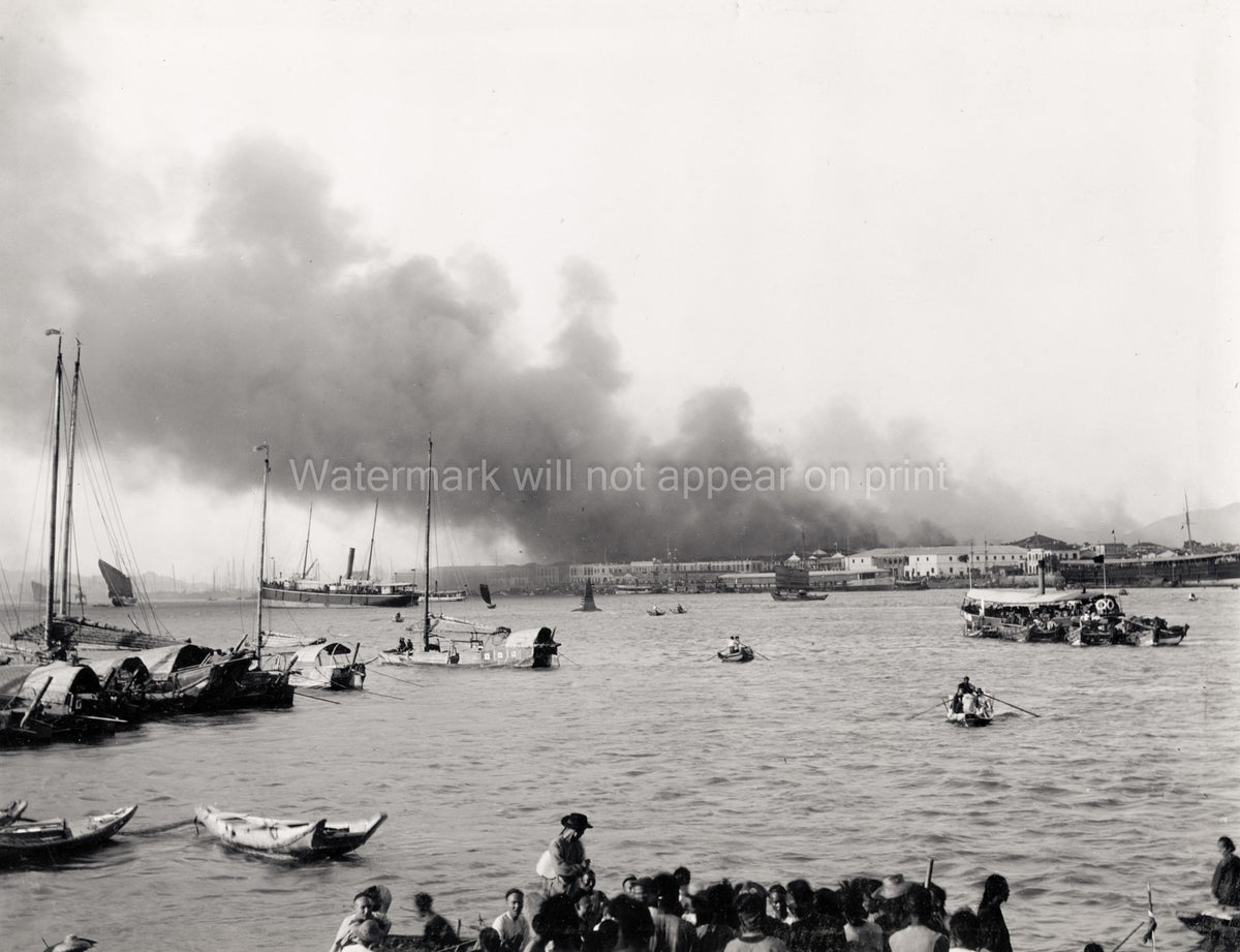 Canton Guangzhou Harbour Fire Warehouse Smoke Boats Junks Vtg. Photo 19thC.