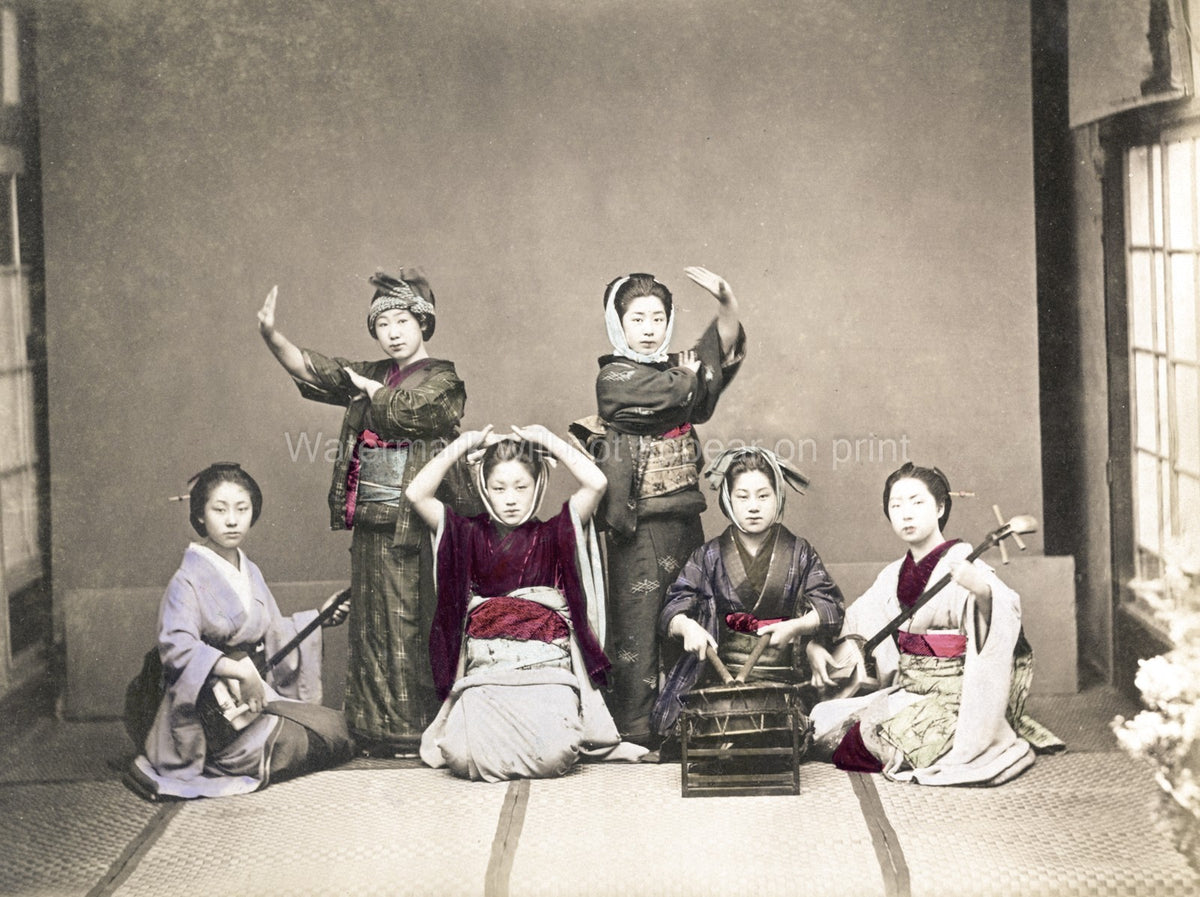Japan Musicians Dancers Geisha Kimono Shamisen Performance Vtg. Photo 19thC.