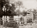 English Rural Scene Farmer Gate River Countryside Thatched Hut Vtg. Photo 19thC.