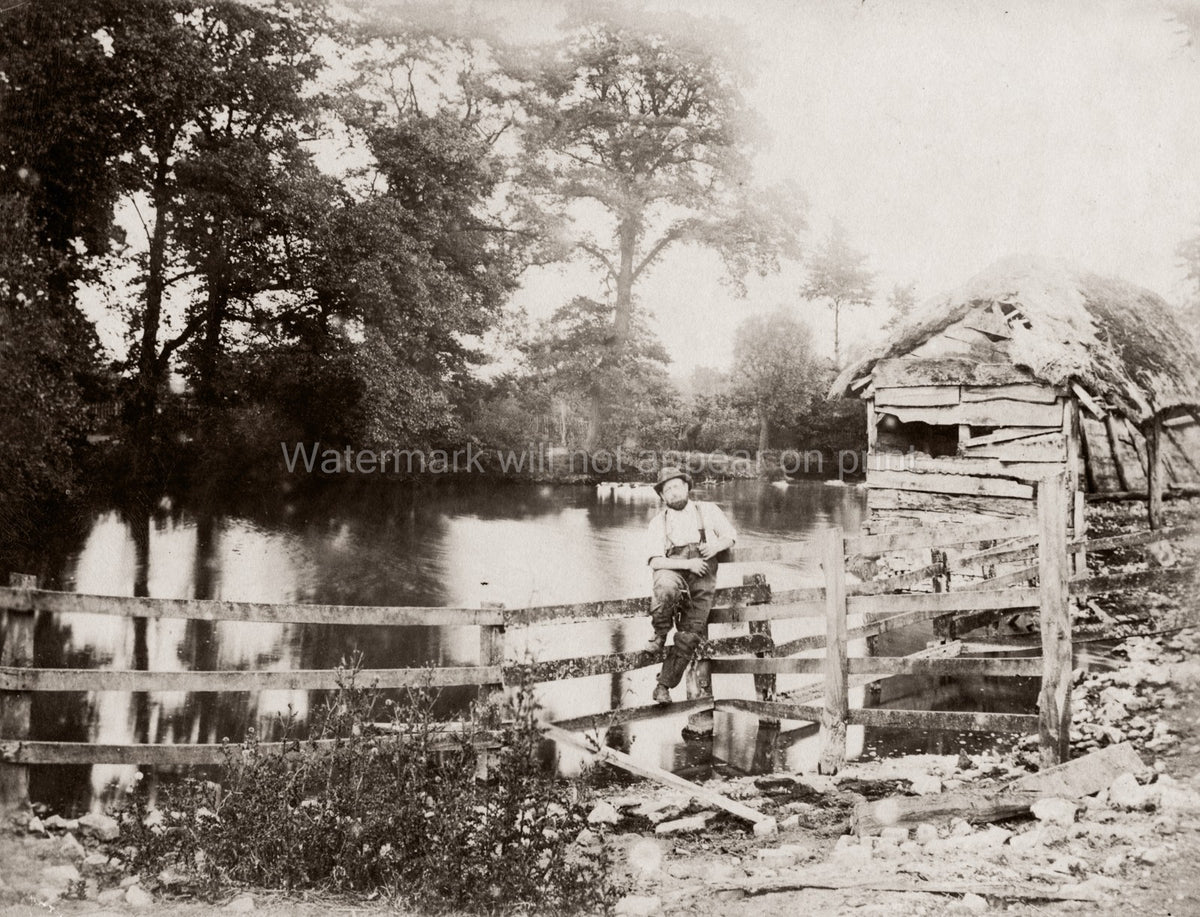 English Rural Scene Farmer Gate River Countryside Thatched Hut Vtg. Photo 19thC.