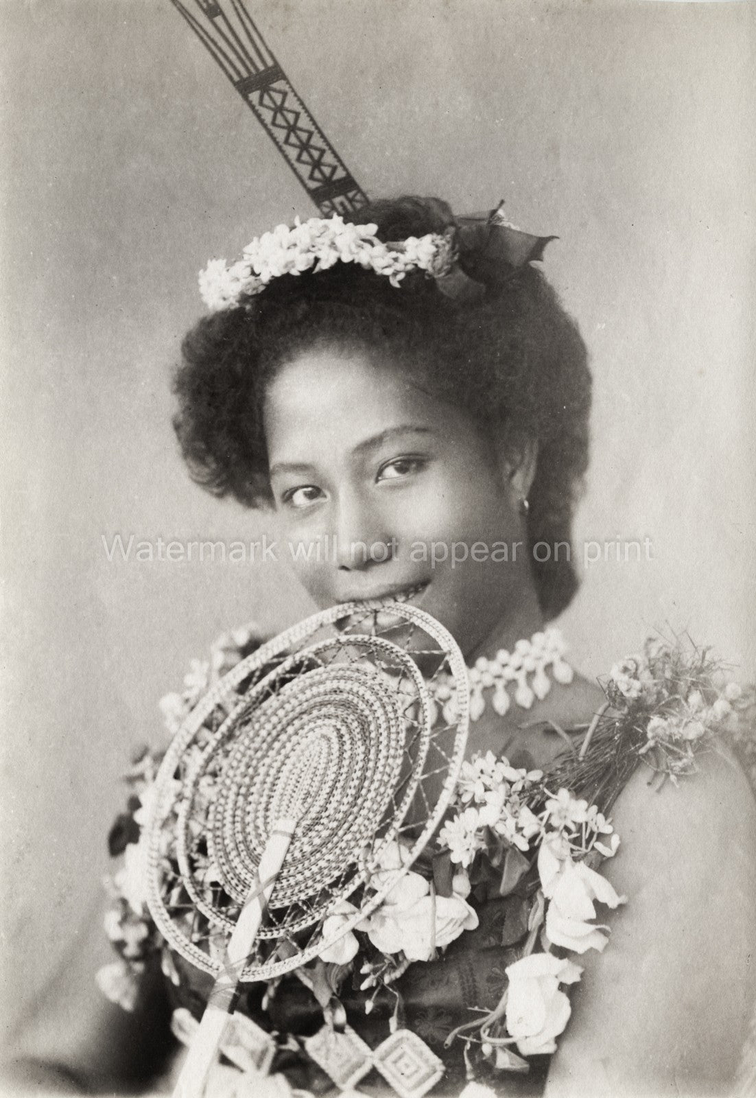 Samoan Woman Pacific Islands Portrait Traditional Dress Fan Vtg. Photo 19thC.